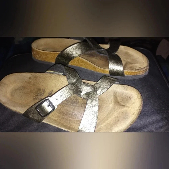 Birkenstock Birki's Metallic Bronze Snakeskin Gladiator Slide On Sandals - Picture 8 of 11